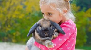 A young child holding a rabbit that will receiver veterinary care in Johnston, IA
